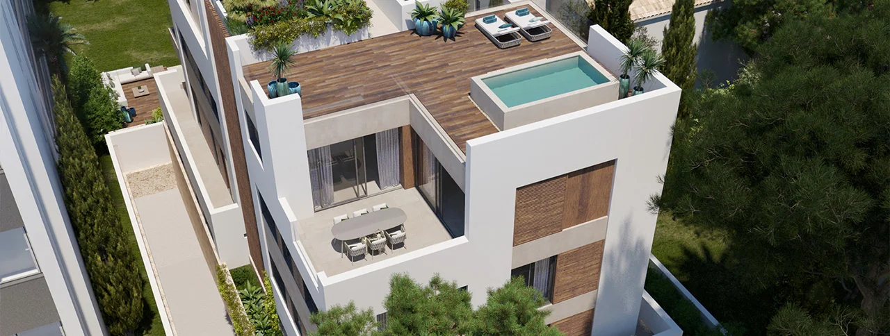 Visualisering: Takterrass med utsikt över poolen, lägenhet till salu i El Terreno, Mallorca