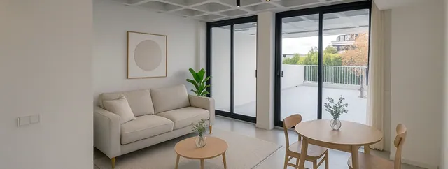 Visualisering: Vardagsrum och matplats, lägenhet att hyra i El Terreno, Mallorca