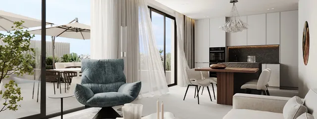 Visualisering: Vardagsrum och matplats, lägenhet till salu i Palma, Mallorca