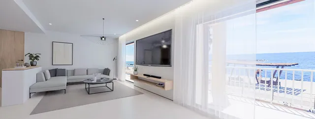 Visualisering: Vardagsrum med havsutsikt, lägenhet till salu i Portixol, Mallorca