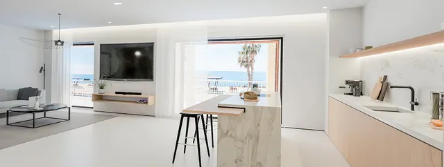 Visualisering: Vardagsrum med havsutsikt, lägenhet till salu i Portixol, Mallorca