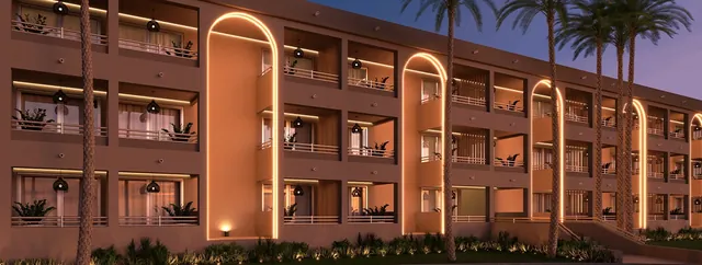 Rendering: Facade at dusk, Apartment for sale in Portocolom, Mallorca