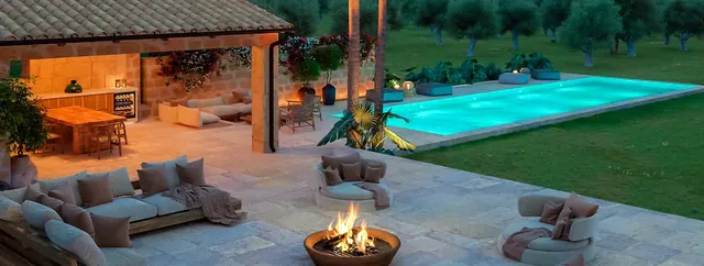 Visualisering: Lounge utomhus med utsikt över poolen, finca till salu i Inca, Mallorca