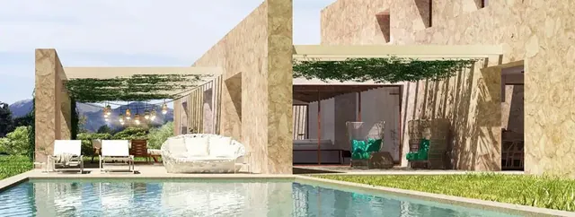 Rendering: Pool terrace with mountain view, Finca for sale in Pollença, Mallorca