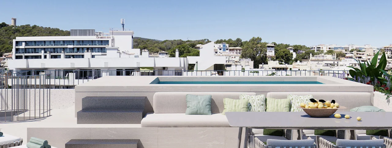 Visualisering: Takterrass med utsikt över poolen, takvåning till salu i El Terreno, Mallorca