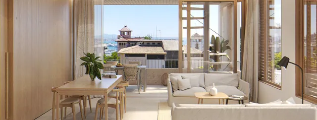 Visualisering: Vardagsrum och matplats med havsutsikt, takvåning till salu i El Terreno, Mallorca