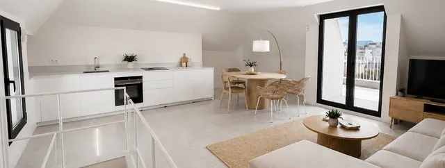 Visualisering: Vardagsrum och matplats, takvåning att hyra i El Terreno, Mallorca