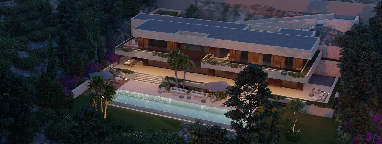 Visualisering: Flygvy i skymningen, tomt till salu i Son Vida, Mallorca