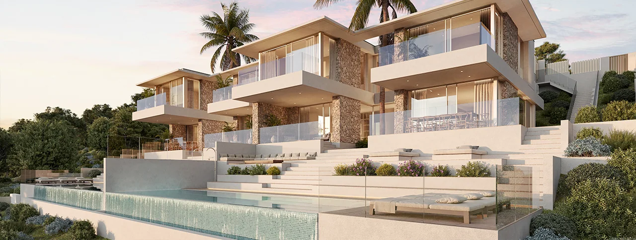 Visualisering: Exteriör i skymningen, radhus till salu i Font de sa Cala, Mallorca