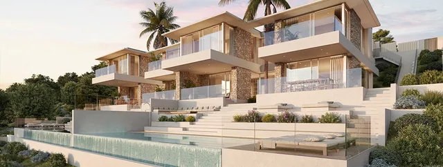 Visualisering: Exteriör i skymningen, radhus till salu i Font de sa Cala, Mallorca