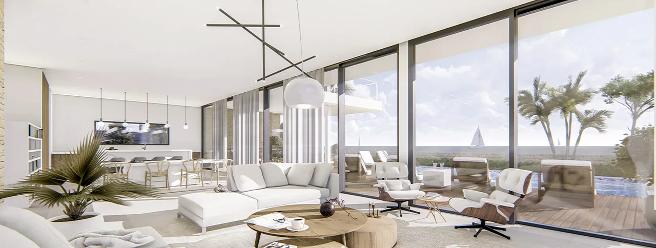 Visualisering: Vardagsrum och matplats, villa till salu i Cala Vinyes, Mallorca
