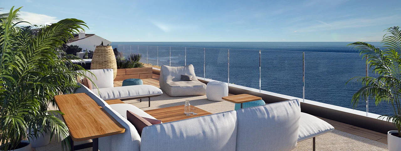 Visualisering: Terrass med havsutsikt, villa till salu i El Toro, Mallorca