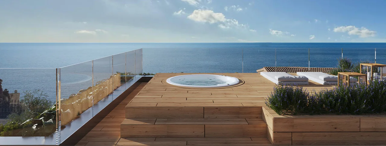 Lyxvilla till salu i El Toro, Mallorca med panoramautsikt över havet, takterrass, jacuzzi och spa-område