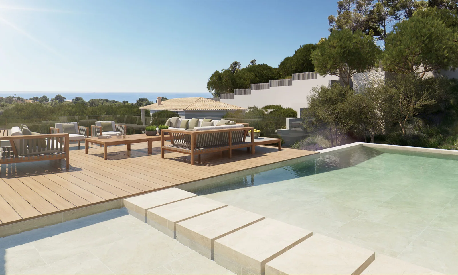Visualisering: Poolterrass med havsutsikt, villa till salu i Puerto Portals, Mallorca