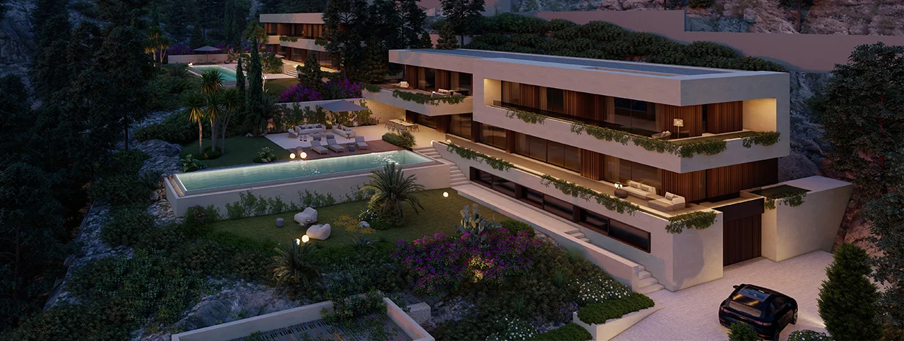 Visualisering: Exteriör i skymningen, villa till salu i Son Vida, Mallorca