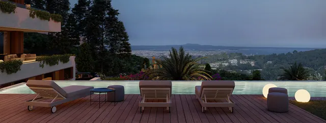 Visualisering: Poolterrass med havsutsikt i skymningen, villa till salu i Son Vida, Mallorca