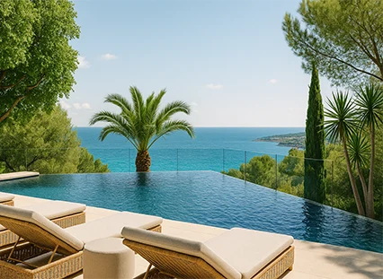 Villa de lujo presentada por inmobiliaria Costa d’en Blanes con arquitectura Bauhaus, líneas limpias y vistas al mar desde una posición elevada.